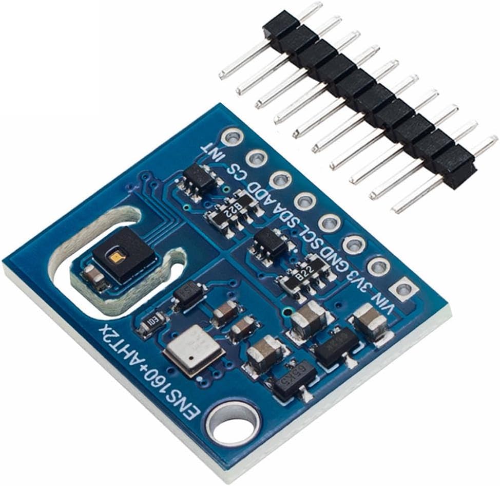 Vinklet view of the ENS160+AHT21 sensor module with pin headers.