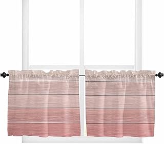 Pink Wooden Grain Window Tier Curtains 24 Inch Length, Farmhouse Vintage Chic Textured Rod Pocket Window Treatment Kitchen Drapes for Bedroom, Cafe, Living Room, 2 Panels, 27.5 W x 24 L