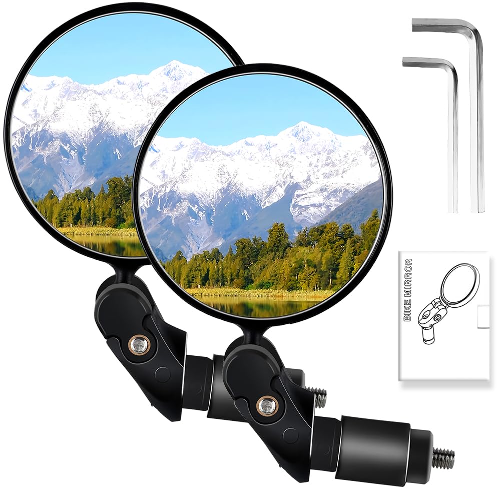 2 Pack Bike Mirror, 360° Rotatable Handlebar Rearview Mirror, HD Glass Convex Lens Bicycle Mirrors – One-Piece Expanding Fit, No Rubber Ring, with Installation Tools for Mountain Road Bike E-Scooter