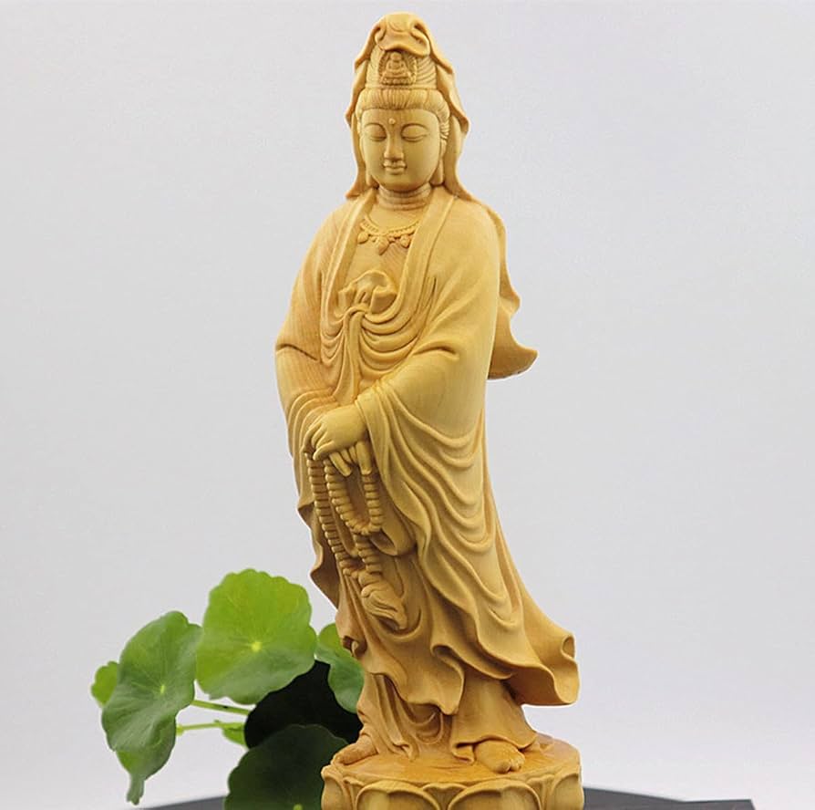 Amazon｜木製 観音 様 15cm 観音菩薩 立像 高級天然ツゲ木彫り