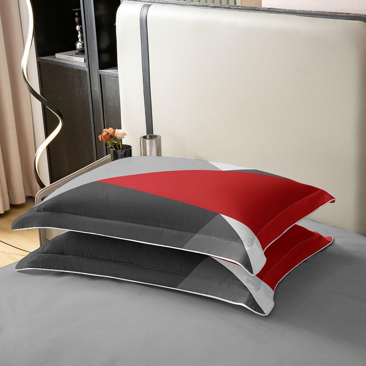 Erosebridal 100% Organic Cotton Red Black Gray Bedding Set Twin Patchwork Geometric Comforter Cover for Kids Boys Girls,Simple Triangle Print Duvet Cover Modern Bedspread Cover Bedroom Decor