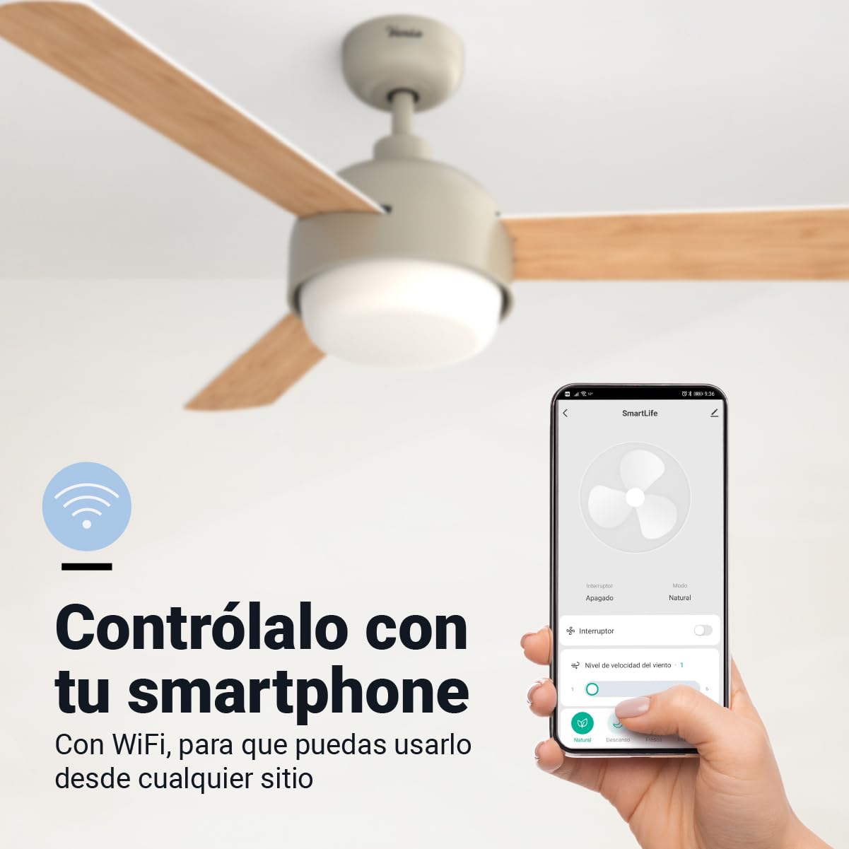 UNIVERSALBLUE Ventilador de techo con luz LED y WiFi | Color crema | Silencioso con Motor DC | Control por App, Alexa, Google Assistant y mando a distancia | 6 Velocidades | Aspas Reversibles