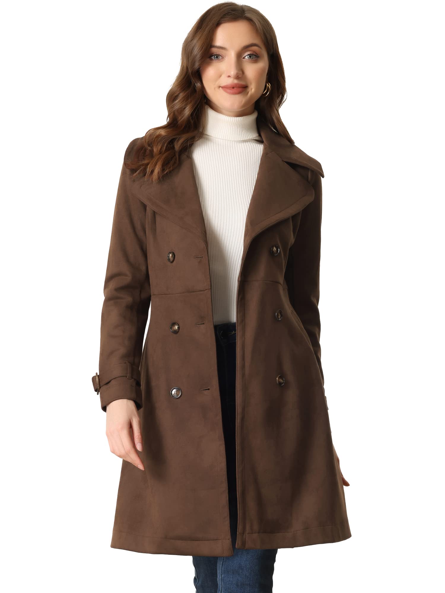 Allegra K Womens Faux Suede Trench Coat Jacket Classic 2023 Fall Winter Double Breasted Overcoat