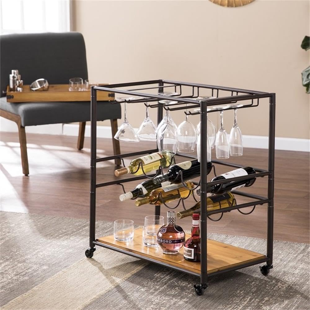 BOWERY HILL Modern Bar Cart, 32.5 in H x 28 in W, Engineered Wood and Metal, Black and Natural Finish, Wine and Glass Rack, Removable Tray, Rustic Style for Dining Room or Living Room