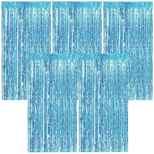Torytoe Cortina de Oropel, 5 Pack Cortinas de Espumillón Azul Metálica Foil Fringe Cortinas Flecos Cortina de Brillo para Decoración Pared Fiestas Cumpleaños Navidad Boda (1m x 2m)