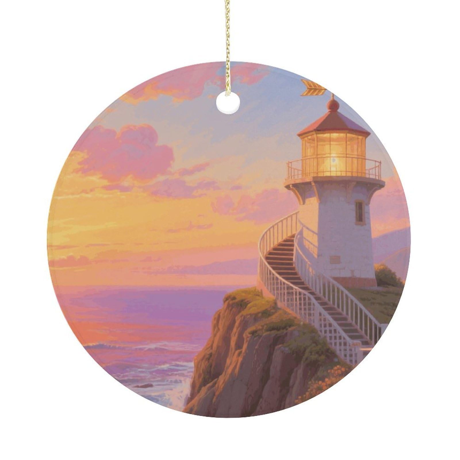 Personalized Christmas Ornaments 2025 Ceramic Hanging Sunset Lighthouse Ornaments with Gold String Double-Sided Vintage Holiday Decorations for Tree Mantel Tabletop Xmas Party Favors