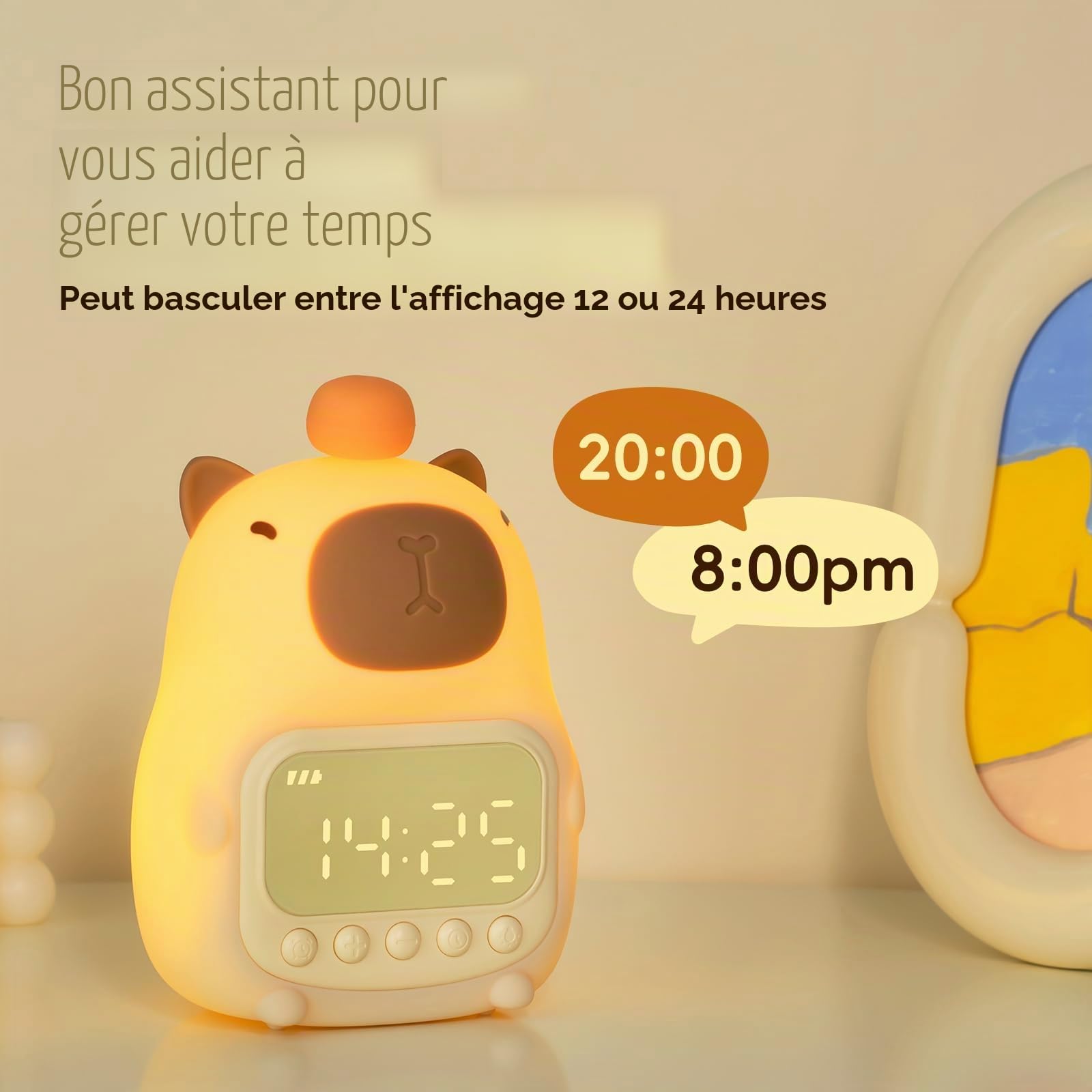 Yiliaw Capybara Réveil avec veilleuse pour enfants, 7 couleurs RVB - Réveil mignon pour chambre à coucher, réveil - Lampe de table en silicone en forme d'animal pour adolescents, filles, garçons