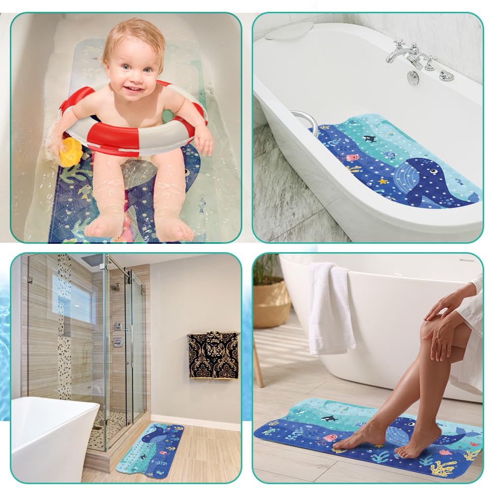 Aolso Tappetino da bagno per Bambini, 100x40cm Tappeto per Doccia con Due Ganci, Tappetino Antiscivolo Antimuffa per Vasca da Bagno e Doccia, Modello Animale Marino, con Ventose, Lavabile in Lavatrice