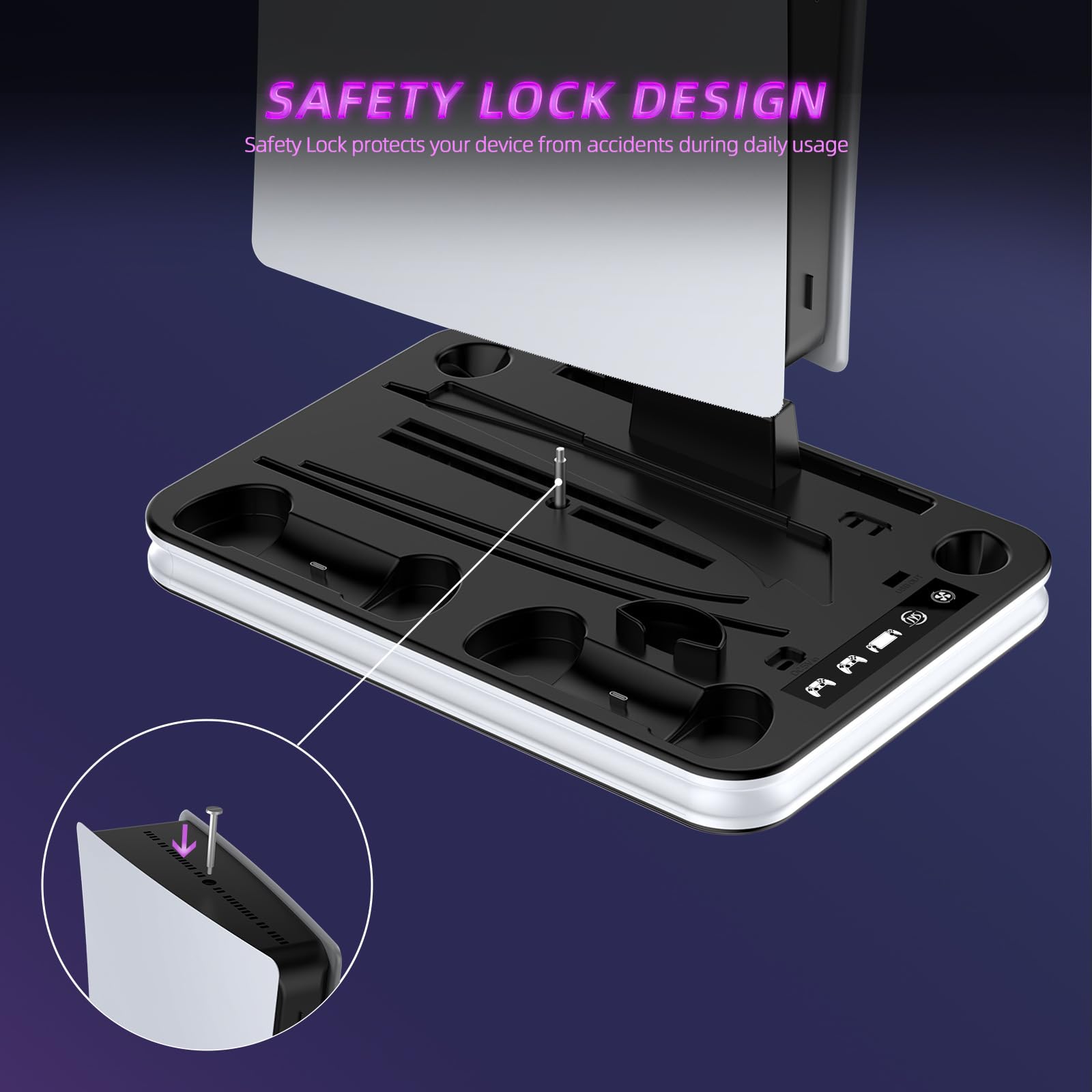 Soporte para PS5/PS5 Slim con PS Portal y Mando PS5 Estación de Carga, Abrazadera Vertical PS5 con Ventilador de 3 Etapas, Base Vertical para P5 Slim/P5 Digital Edition & Disc Edition (Sin luz RGB)