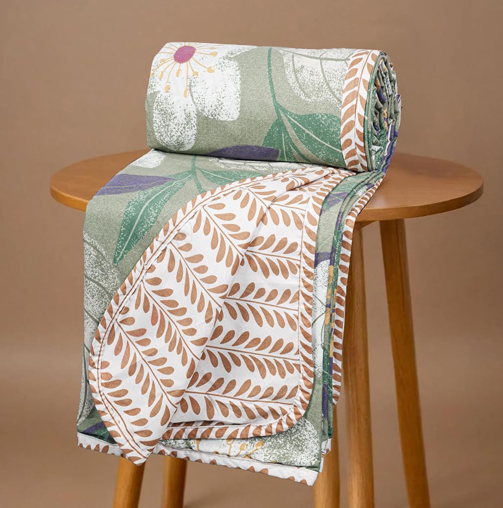 BSB HOME Pure Cotton 120 GSM Reversible Soft Lightweight Printed Double Bed Blanket/AC Dohar/Skin Friendly Dohar-220 x 230 cm - Light Green and Beige