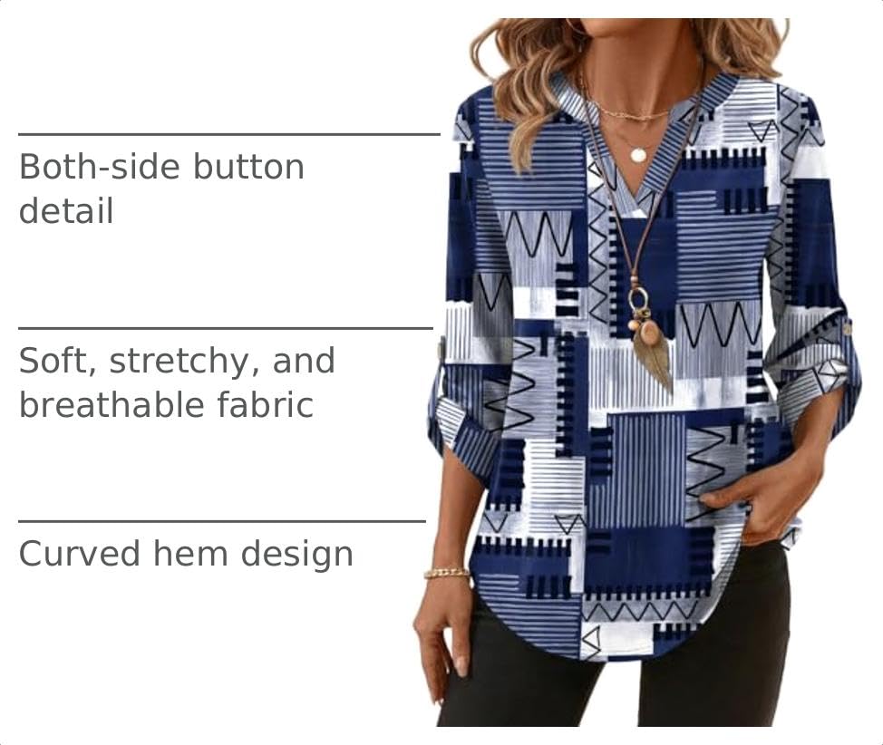 Image of XIEERDUO 3 /4 Length Sleeve Womens Tops V Neck T Shirts Both Side Buttons Blouses Business Casual Outfits Loose Fit