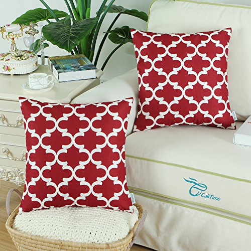 Calitime Pack Of 2 Soft Canvas Throw Pillow Covers Cases For Couch Sofa Home Decor Modern Quatrefoil Accent Geometric 20 X 20 Inches Burgundy #TOP1