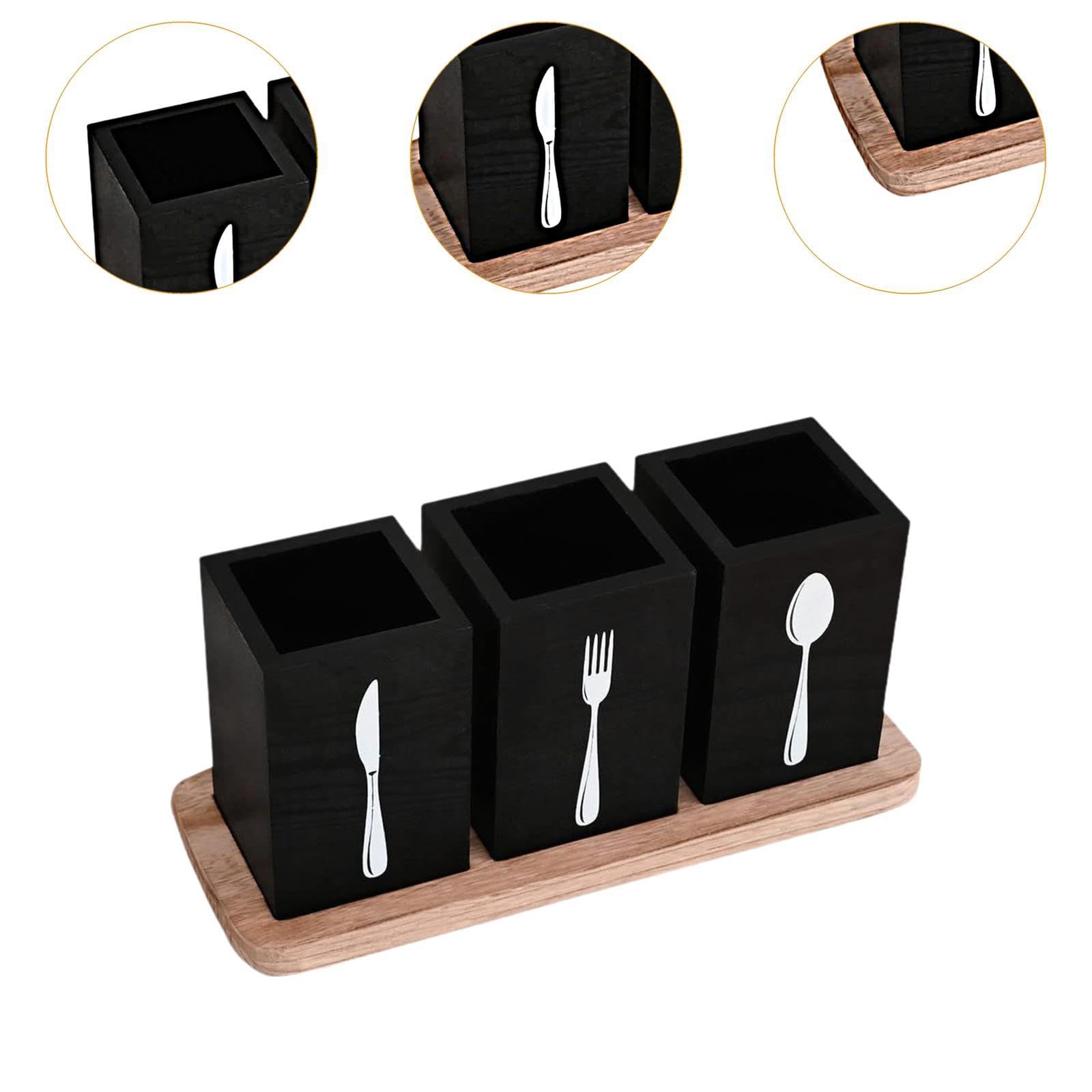 Porta Utensilios de Cocina, Porta Cubiertos, Organizador de Utensilios de Encimera de Madera con Bandeja, Organizador de Cubiertos para Cocinar Y para, Negro, tal como se describe