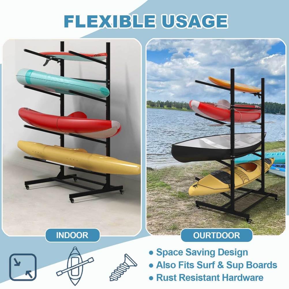 Porta Kayak Indipendente a 4 Livelli con Freni, stoccaggio in Acciaio Resistente per Tavole da Surf per Tavole da Surf, organizzatore Verticale Portatile per l'uso Esterno del Garage