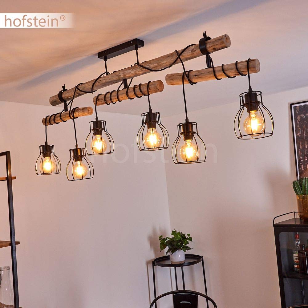 Lampa sufitowa Gondo, 6-lampowa lampa pokojowa z metalu w kolorze czarnym i naturalnego drewna, główki lamp są indywidualnie regulowane, lampa sufitowa w stylu retro/boho, 6 x E27, bez żarówek