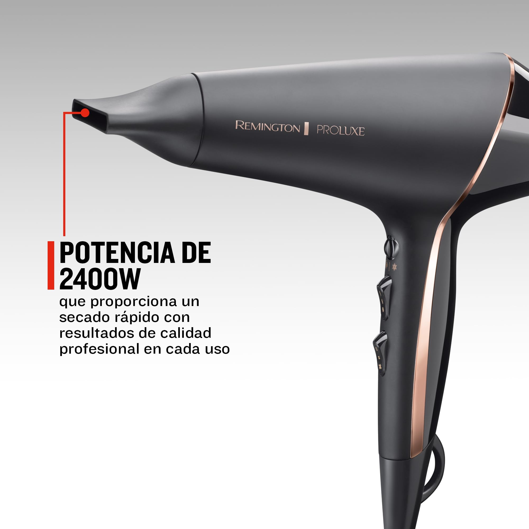 Remington Secador de Pelo Profesional PROluxe Midnight Edition - 2400 W, Iónico, Tecnología OPTIHeat, Sin Encrespamiento, Motor AC, Difusor y Concentrador, 3 Temperaturas, 2 Velocidades - AC9140B