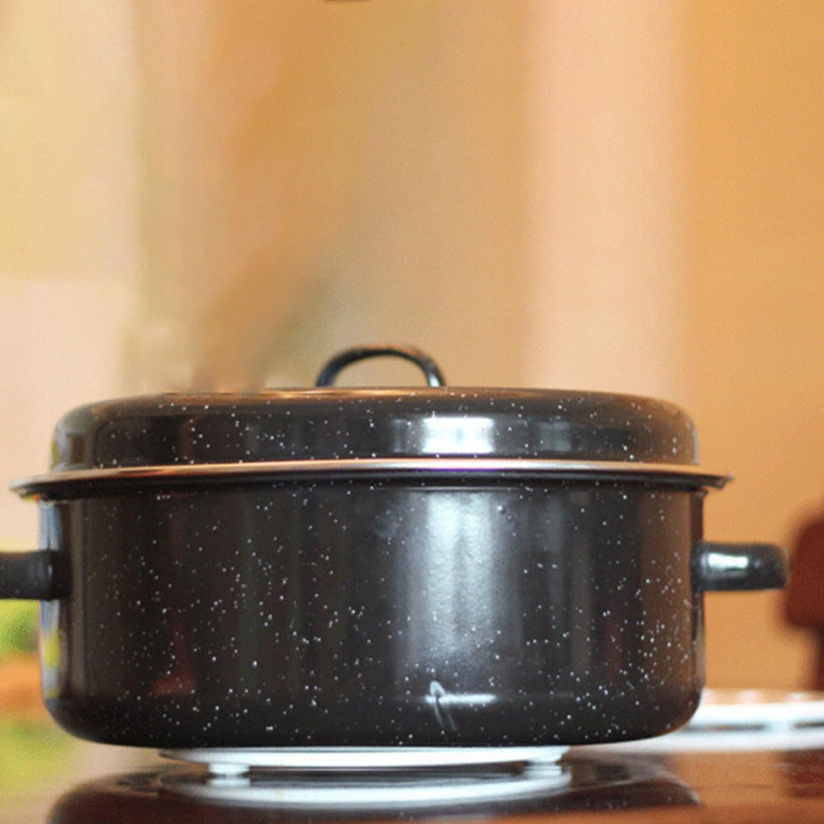 Sartén de Patatas y Castañas Asador Redondo Tapa, Hierro Esmaltado, Negro, Superficie Lisa, Fácil de Limpiar, para Patatas y Alimentos, Cocina Doméstica