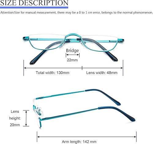 Miniatura 5 de KoKoBin Lentes de lectura de media lectura, paquete de 4 lentes con marco de metal de medio borde, lectores de bisagra de resorte con bolsa de cuero