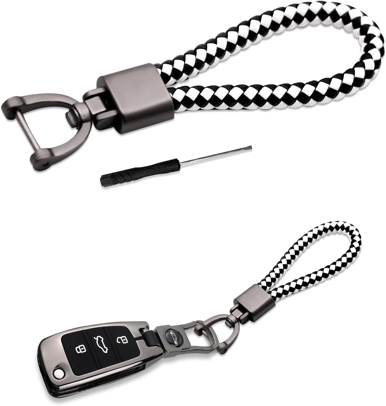 車用キーホルダー レザーカーフォブキーホルダー 自動キーリングストラップ カーアクセサリー 紛失防止 カーキーチェーン すべての車にフィット