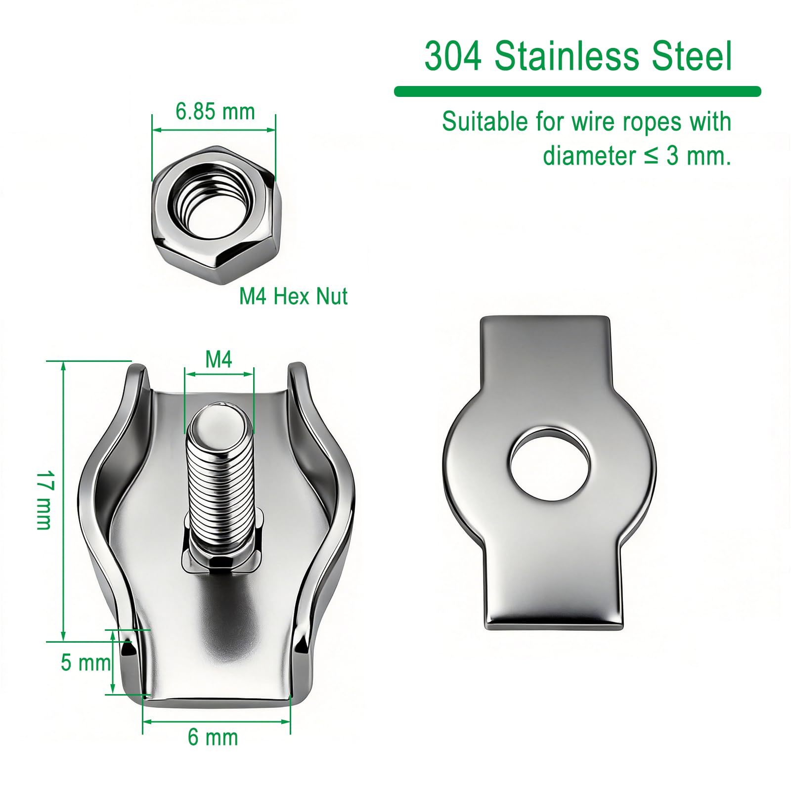 Drahtseilklemme M3 20 Stück 2mm Seilklemme 304 Edelstahl Kabelklemmen Drahtklemme für 3 mm Stahlseil Drahtseil Wäscheleinenspanner Markise Fixiert (Stil 1)