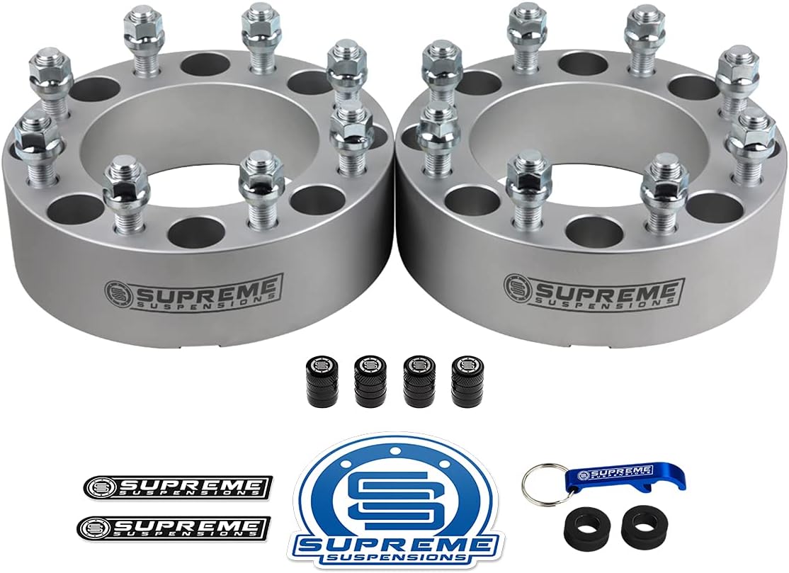 Supreme Suspensions - Set of 2 Silver 1.5-inch Wheel Spacers for 2005-2023 Ford F250 / F350 Super Duty [BP: 8 x 170mm / CB: 125mm / Studs: M14 x 1.5] - 4 Tire Valve Caps Included