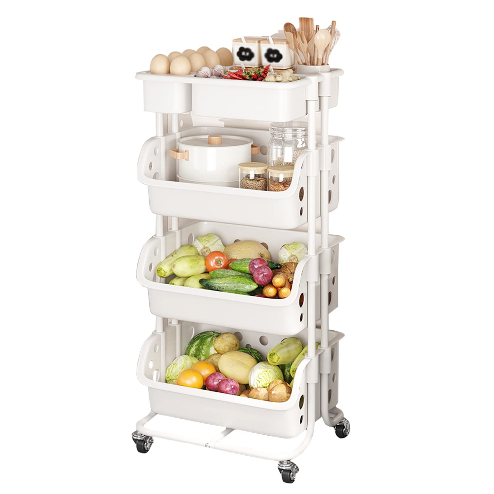 Cesta de cocina de 4 niveles con ruedas para organizar frutas y verduras frescas