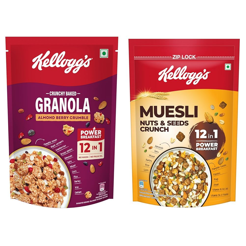 Kellogg's Crunchy Granola Almonds & Cranberries 450g/460g | 24% Fruit & Nut, Baked Multigrain | + Kellogg's Muesli Nuts Delight 1000 G | 12-In-1 Power Breakfast | India'S No. 1 Muesli |-image-11