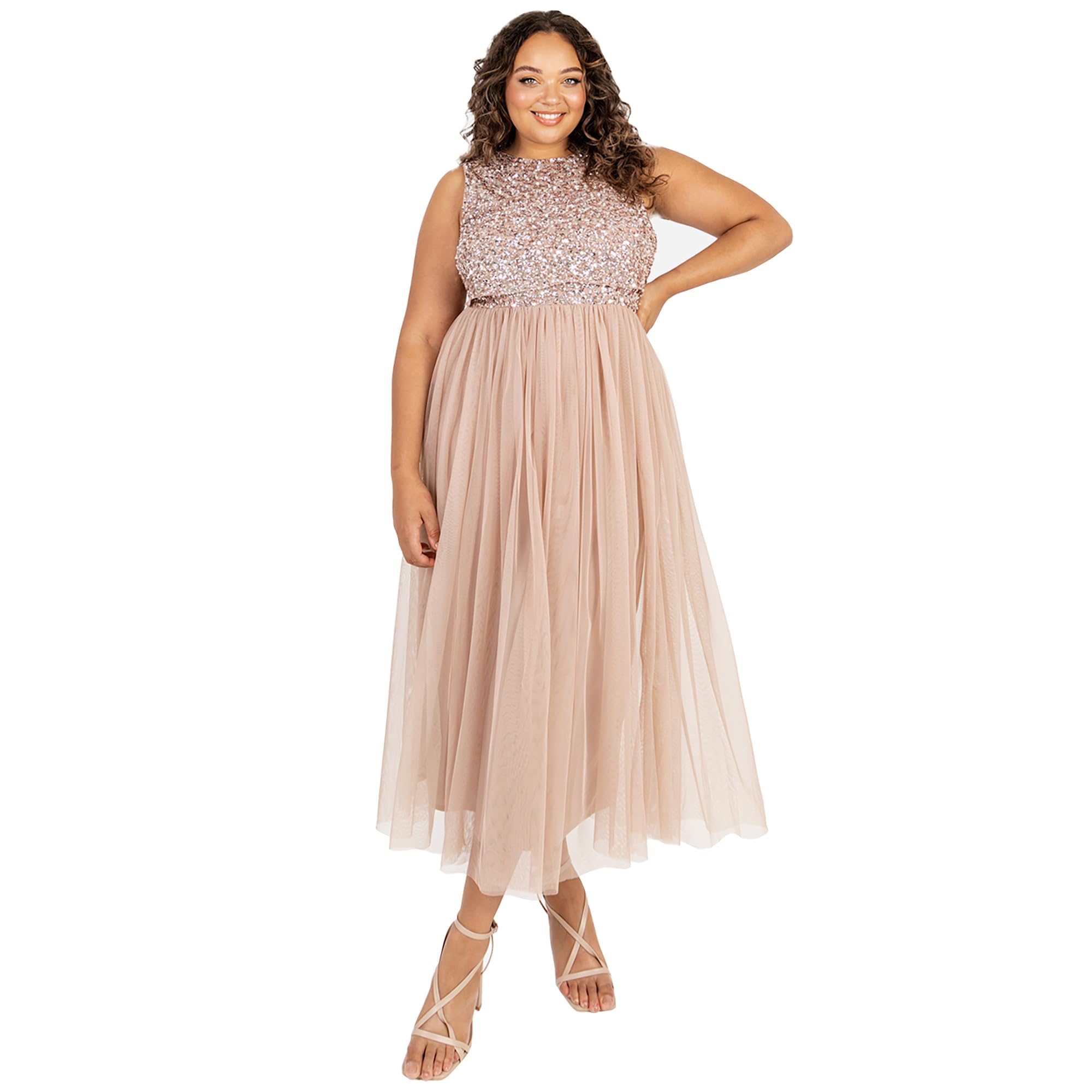 Maya Deluxe Women's Maya Deluxe Taupe Blush Embellished Midaxi Bridesmaid Dress, Taupe Blush, 18 Plus UK
