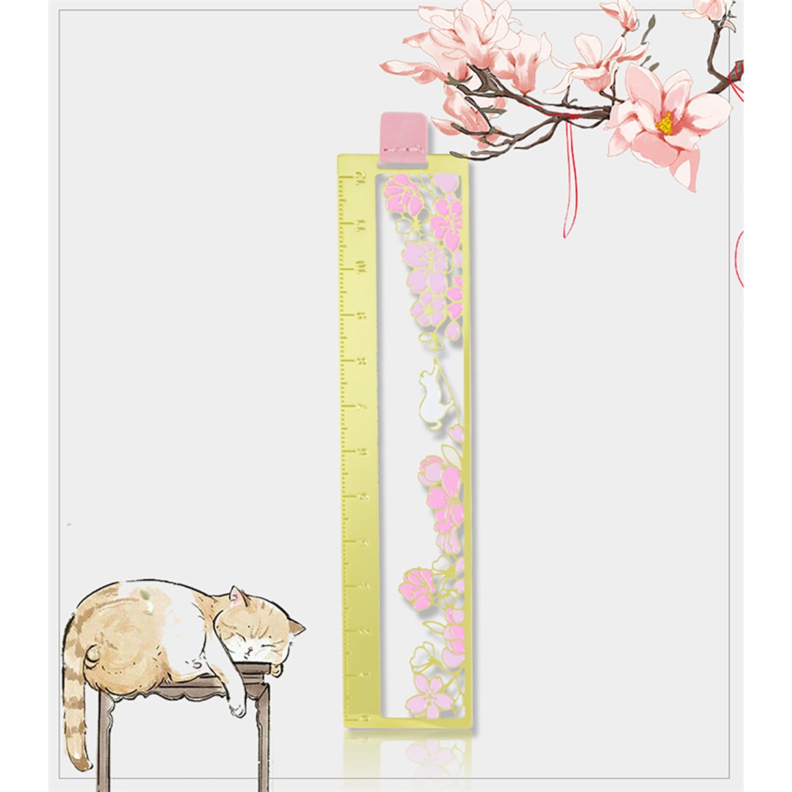 Marque-Page,Peach Blossom Cat Ruler Art Signets Creative Culture Signets Signets en métal Simple
