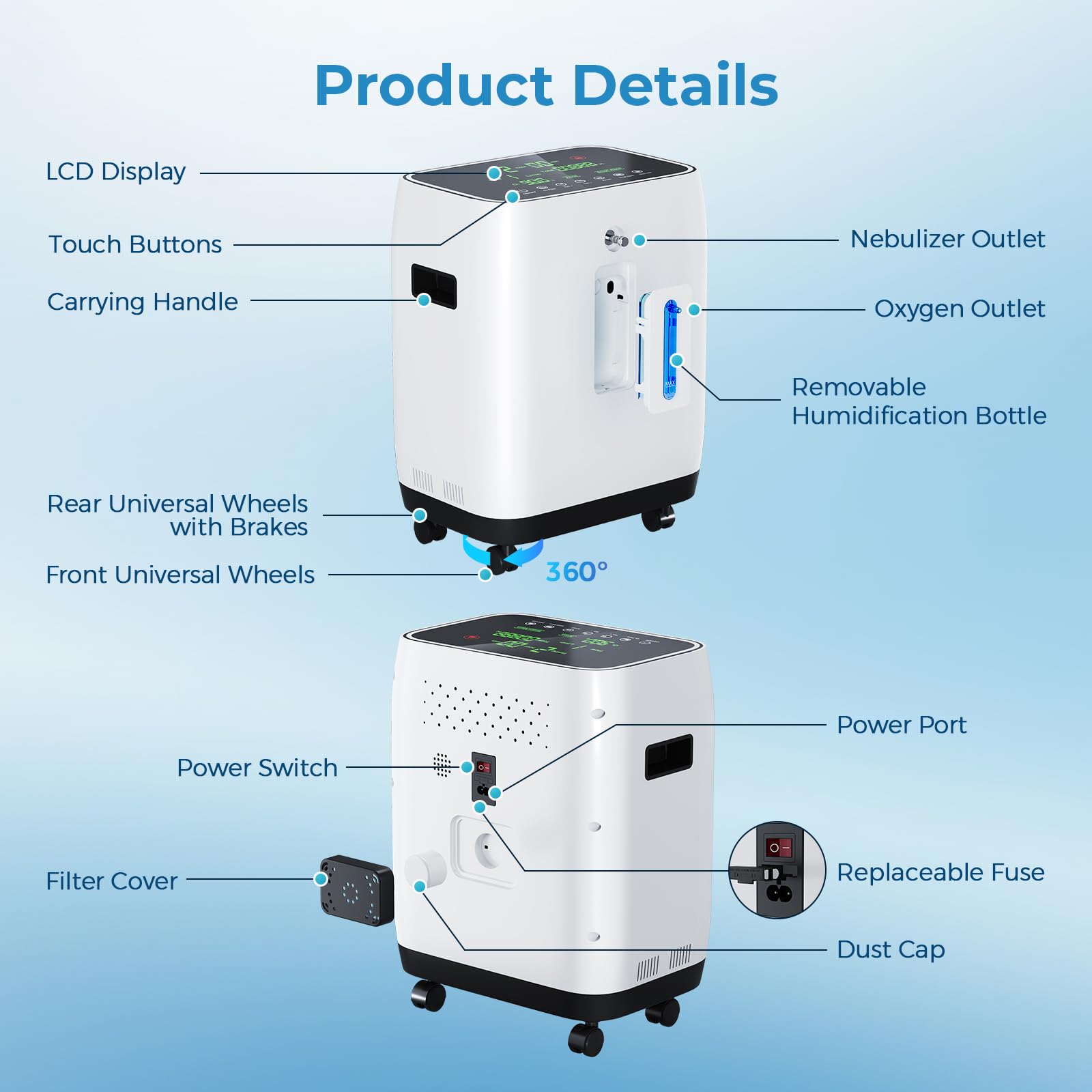 Concentratore di ossigeno portatile, concentrato di ossigeno Xandoril per uso domestico, 90%, 1-7 l/min, dispositivo di ossigeno, concentratore di ossigeno portatile, concentrato di ossigeno con
