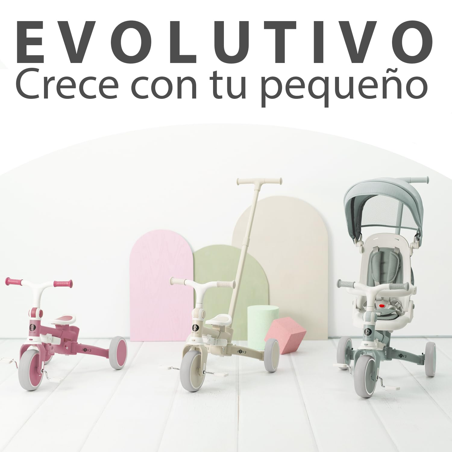 Olmitos - Triciclo Evolutivo de Bebé 5 en 1 EVOL - Bicicleta Niños de 1 año hasta 25 Kg - De Triciclo a Bicicleta con o sin Pedales – Respaldo, Barra Seguridad y Capota (Menta) — view 5