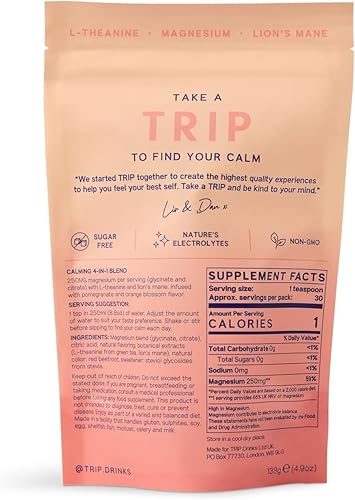 Miniatura 10 de TRIP Polvo de Glicinato de Magnesio con L-Teanina y Oreja de León, Suplemento de Magnesio Sin Azúcar para Adultos, 250mg de Magnesio por Porción de