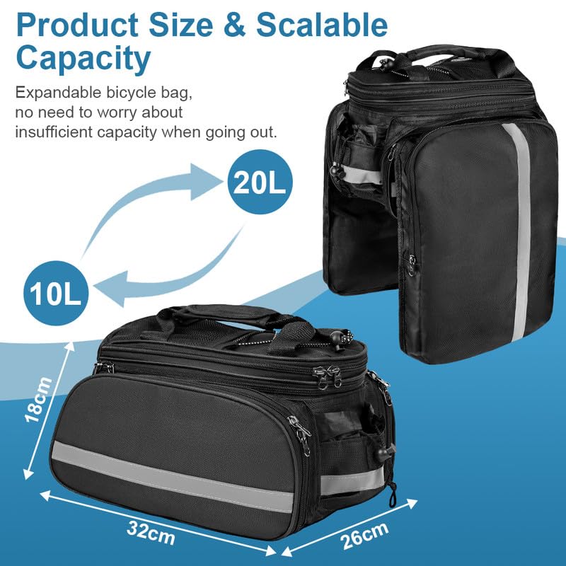 Borsa Bici Posteriore Doppia, 10-20L Borse Impermeabili per Portapacchi, Borsa 3 in 1, Zaino Portatile Multifunzione per Esterni