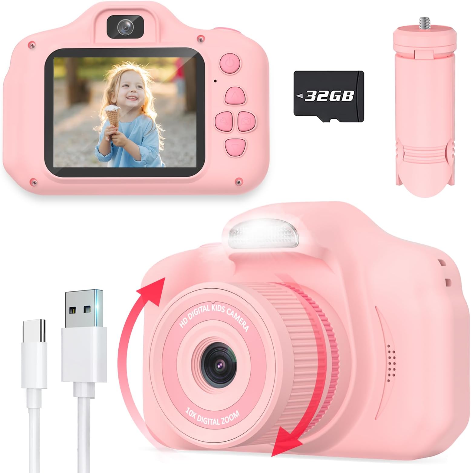 Upgrade Kids Selfie Camera, Christmas & Birthday Gift for 6-10 Year Old Boys & Girls, 2.4 Inch Digital Camera Toys for Kids 3-12 Years, 1080P Video Recorder with Flash (Pink)