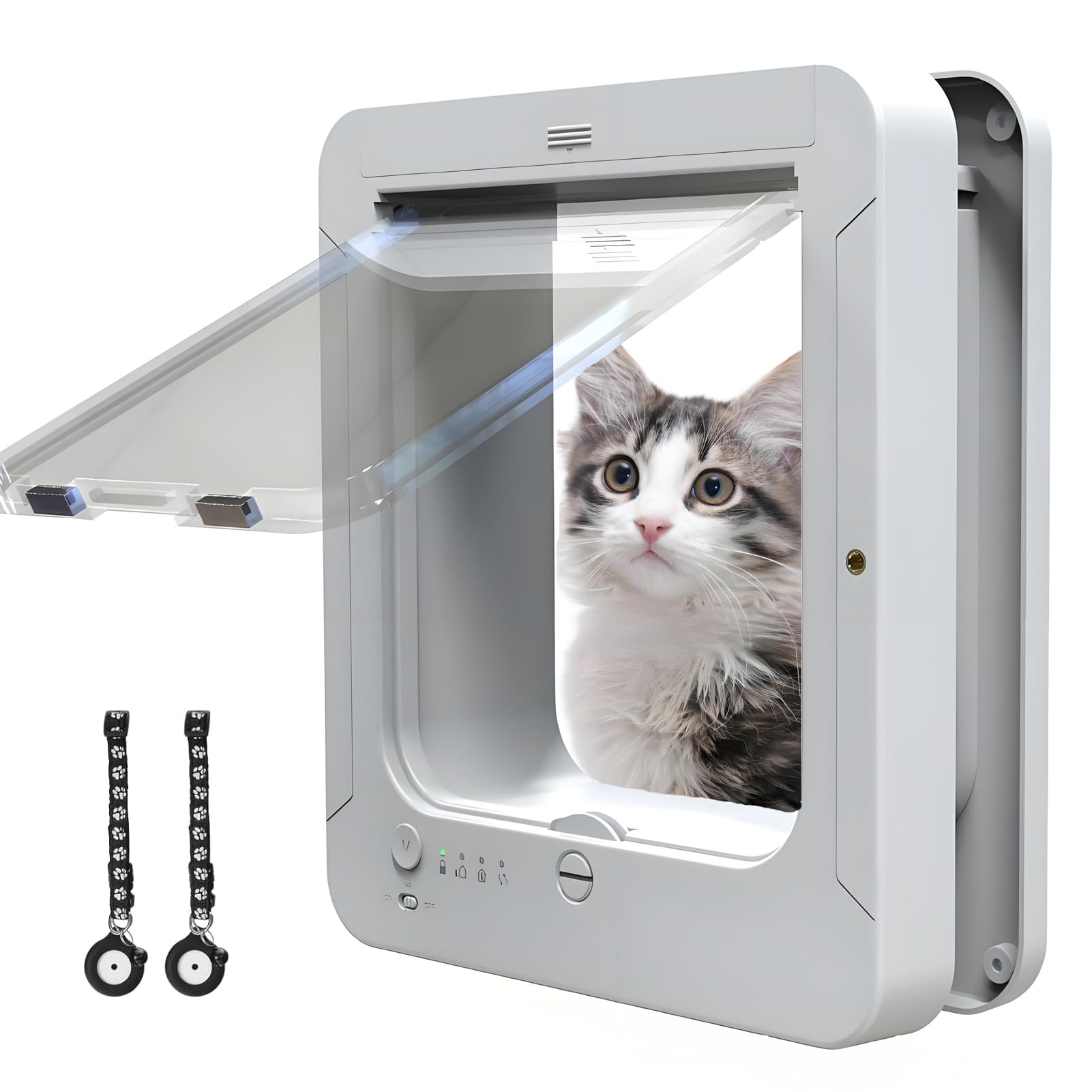 Denash Puerta de Gato con Sensor de Cuello,Puerta de Gato de Detección Automática con 2 Collares Magnéticos de Gato,Puerta de Mascota Activada por Collar para Uso Interior/Exterior