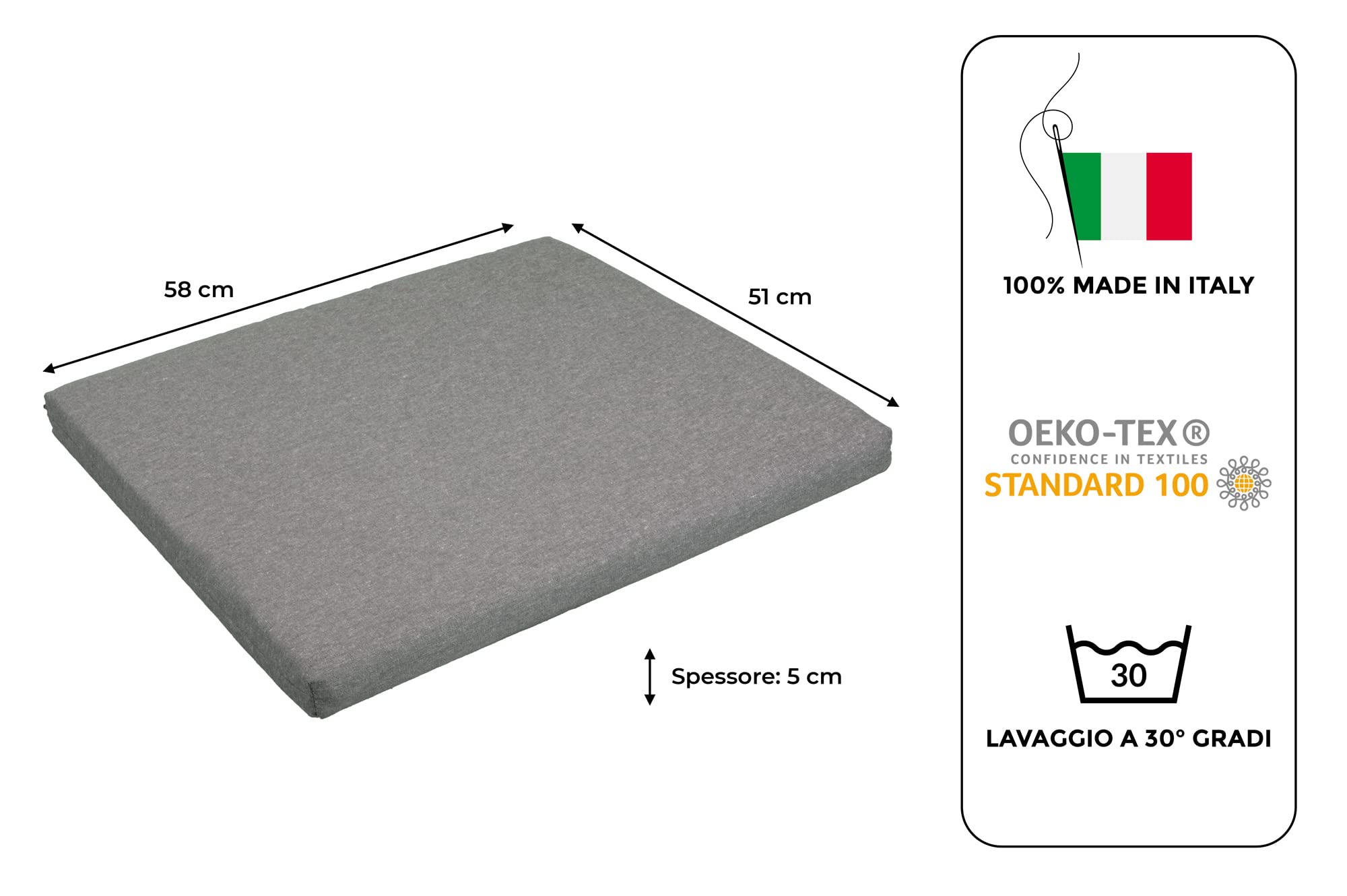 GHIOCUSCINI | Set di 4 Cuscini da Esterno per Salottino in Rattan, COLORE GRIGIO, Tessuto Cotone/Poliestere, Sfoderabile, 58 x 51 cm, Alto 5 cm, Made in Italy