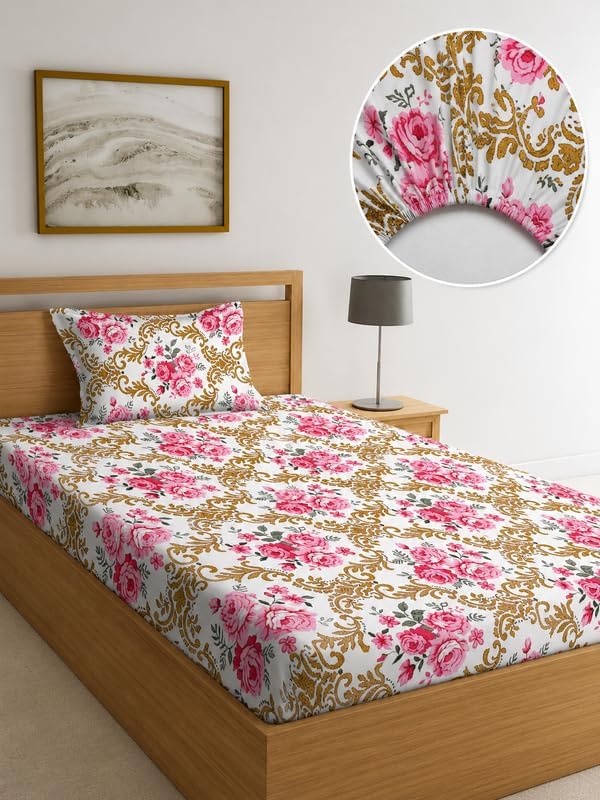 Image of la' amour 240 TC Cotton Fitted Single Bedsheet with 1 Pillow Cover | Elastic Bed Sheet | Soft Breathable Skin-Friendly Fabric | All Season Comfort | 36 x 72 + 6 Inches Royal Rose