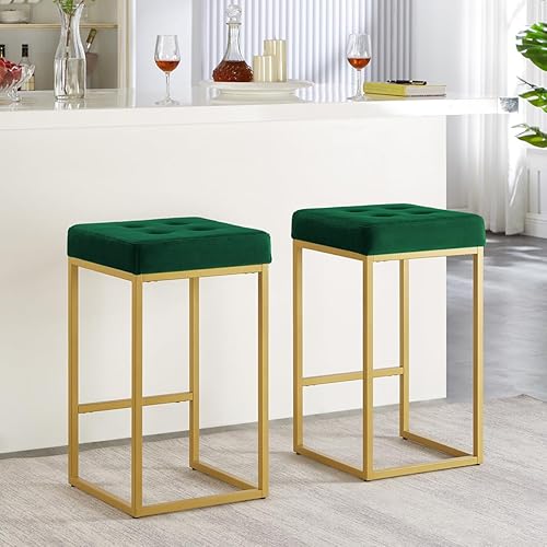 24KF Juego de 2 taburetes de bar contemporáneos para isla de cocina, taburete de bar acolchado de terciopelo dorado de 26 pulgadas de alto, 5066-Jade
