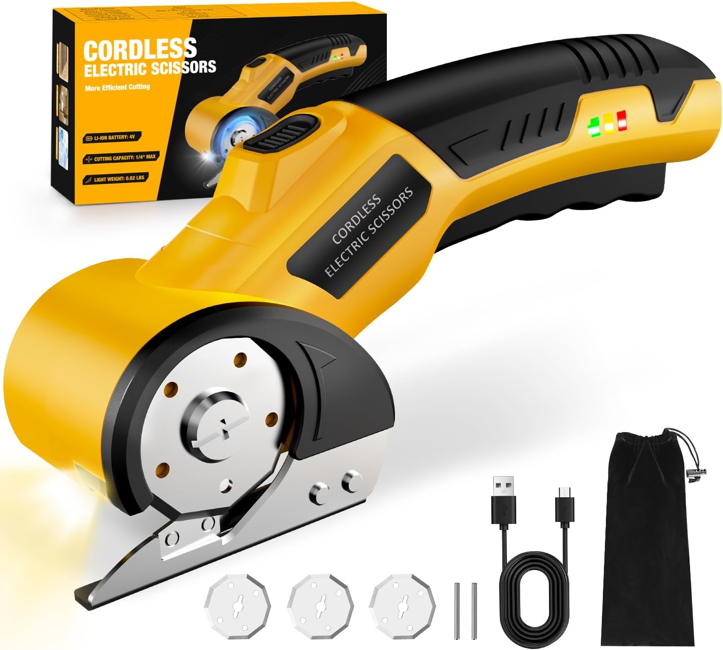 Cordless Electric Scissors: 4V Rechargeable Cardboard Cutter, 3 Blades, Safety Lock & LED Light, Box Cutter for Carton Carpet Plastic Fabric Leather(Yellow?
