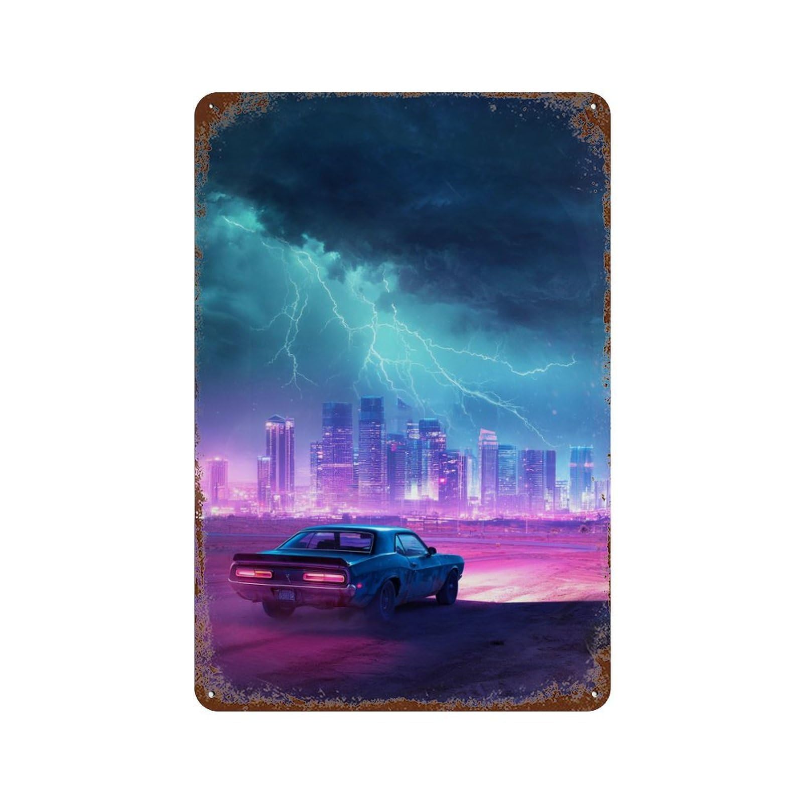 Neon Cityscape with Vintage Car Rusty Metal Tin Sign 11.8"x7.9", Ideal for Farmhouse, Kitchen And Entryway Decor