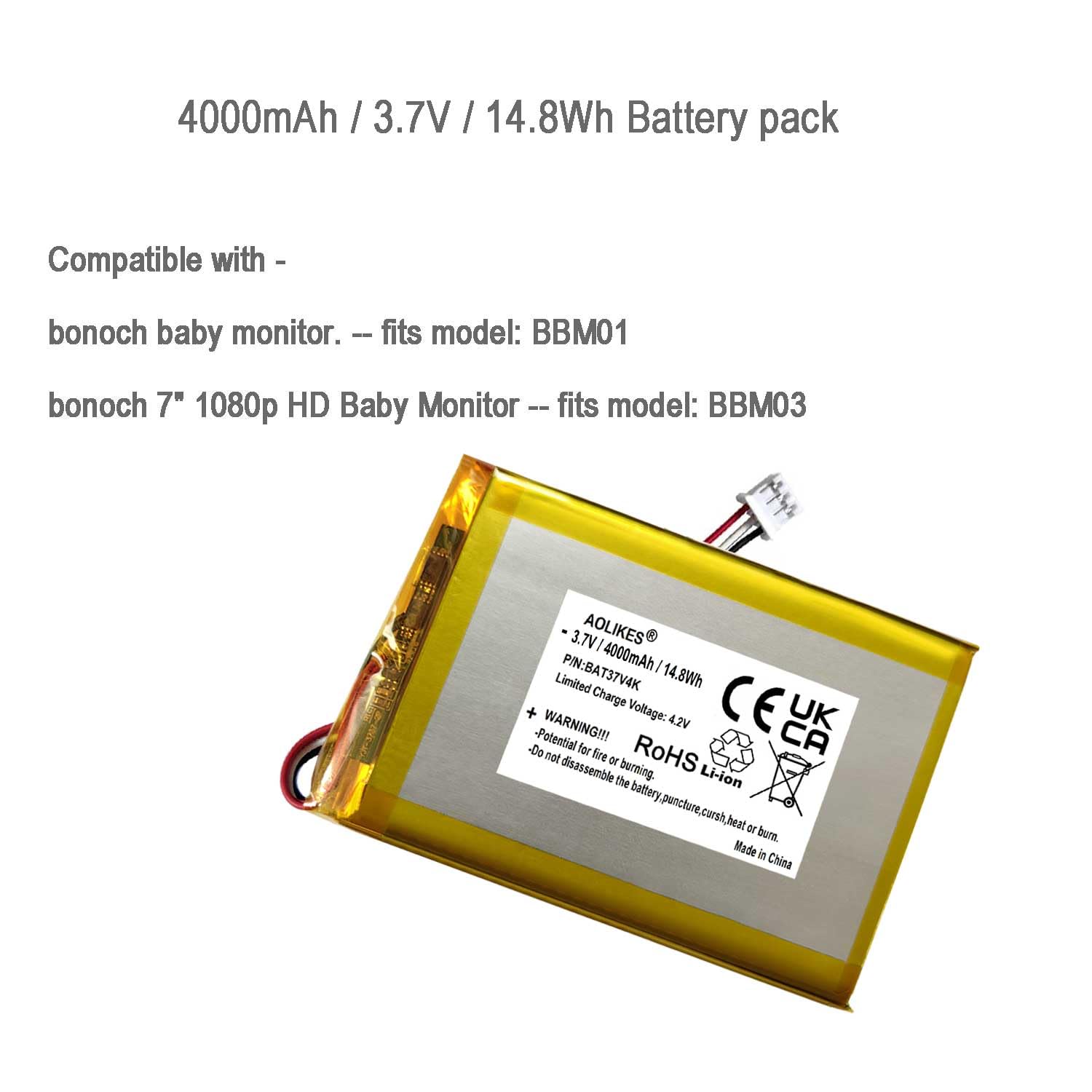 Batterie de rechange 4000 mAh 3,7 V pour Bonoch BBM03, BBM01 Babyphone vidéo Babysense HD S2