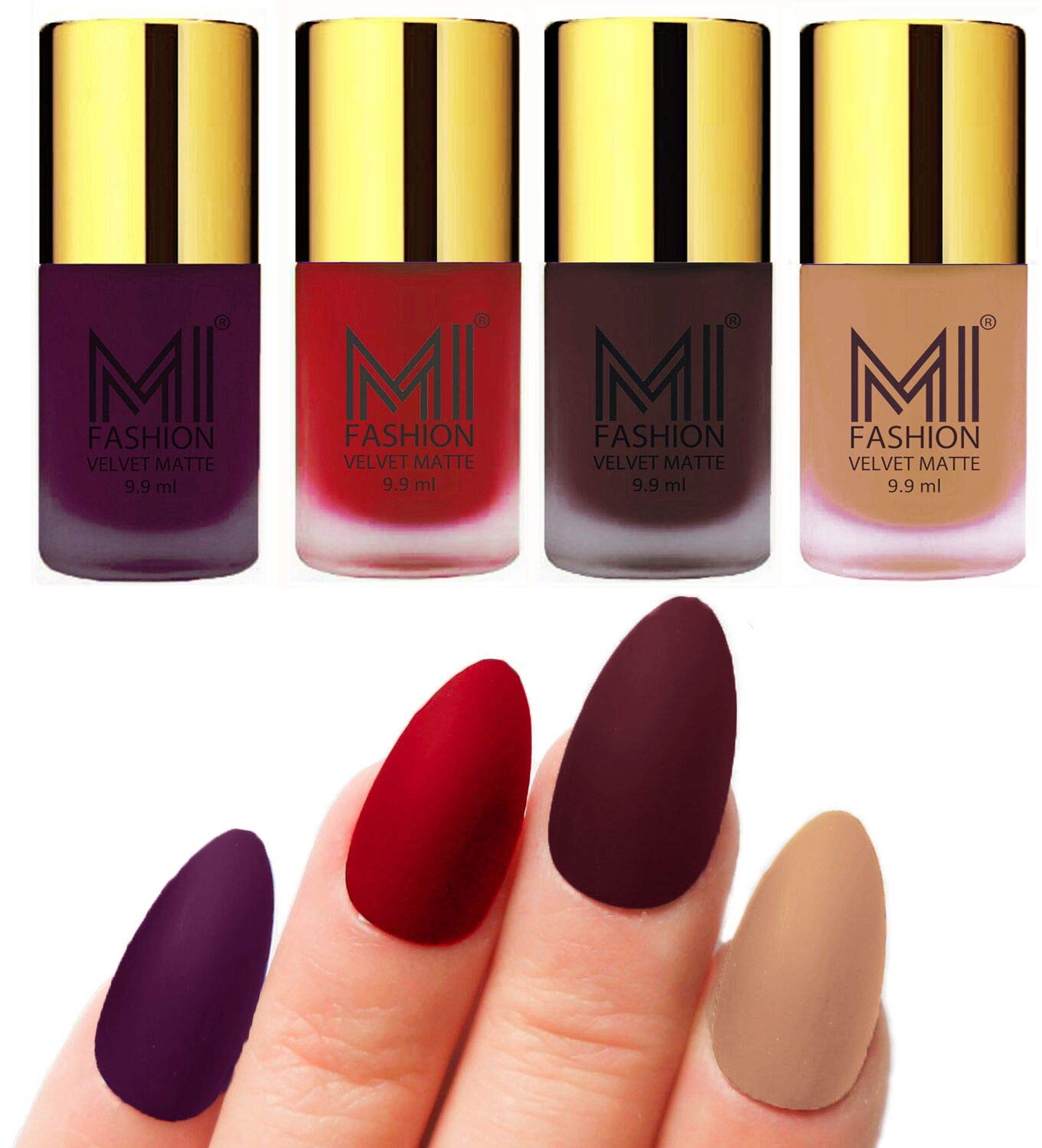 MI FASHION Velvet Matte Nail Polish Combo Sets For Women Classic Touch, Lasting Style 9.9ml Purple, Tomato Red, Wine, Nude (Pack Of-4)
