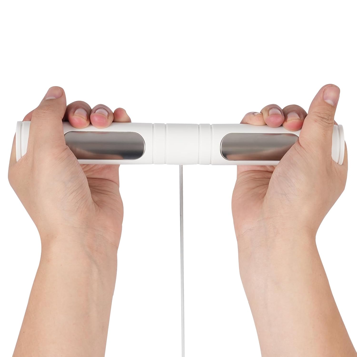 Close-up of hands holding the retractable handle of the WBGANG Intelligent Electronic Scale, showing proper grip on the electrodes.