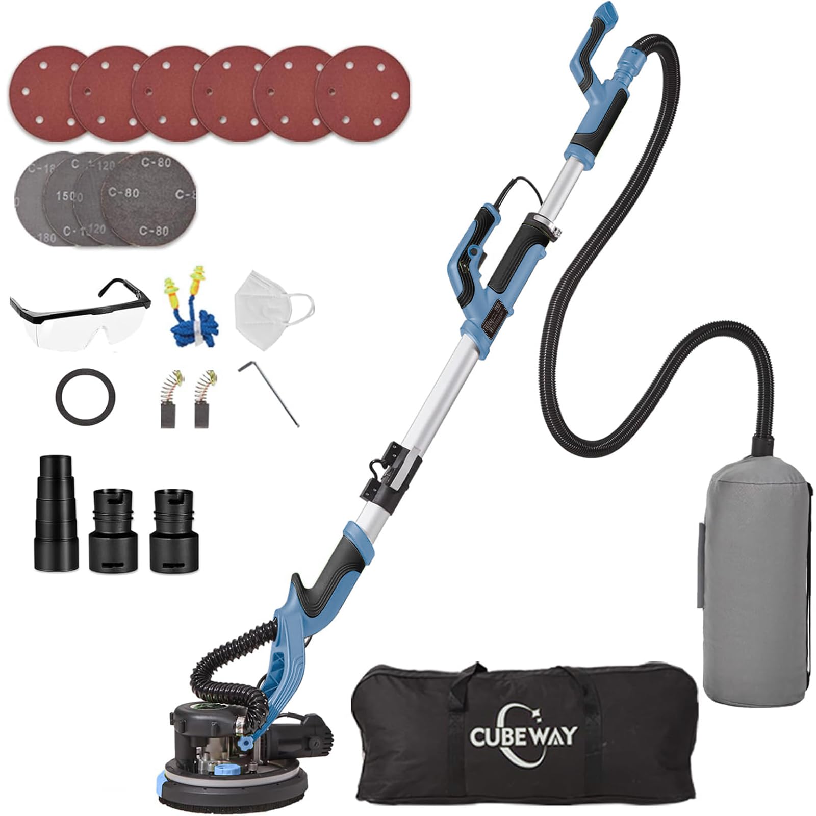 Levigatrice Giraffa 750 W professionale con sistema di vuoto automatico e luce LED, Levigatrice da parete e soffitto telescopico, diametro 215 mm, 7 velocità 900-1800 giri/min (blu)