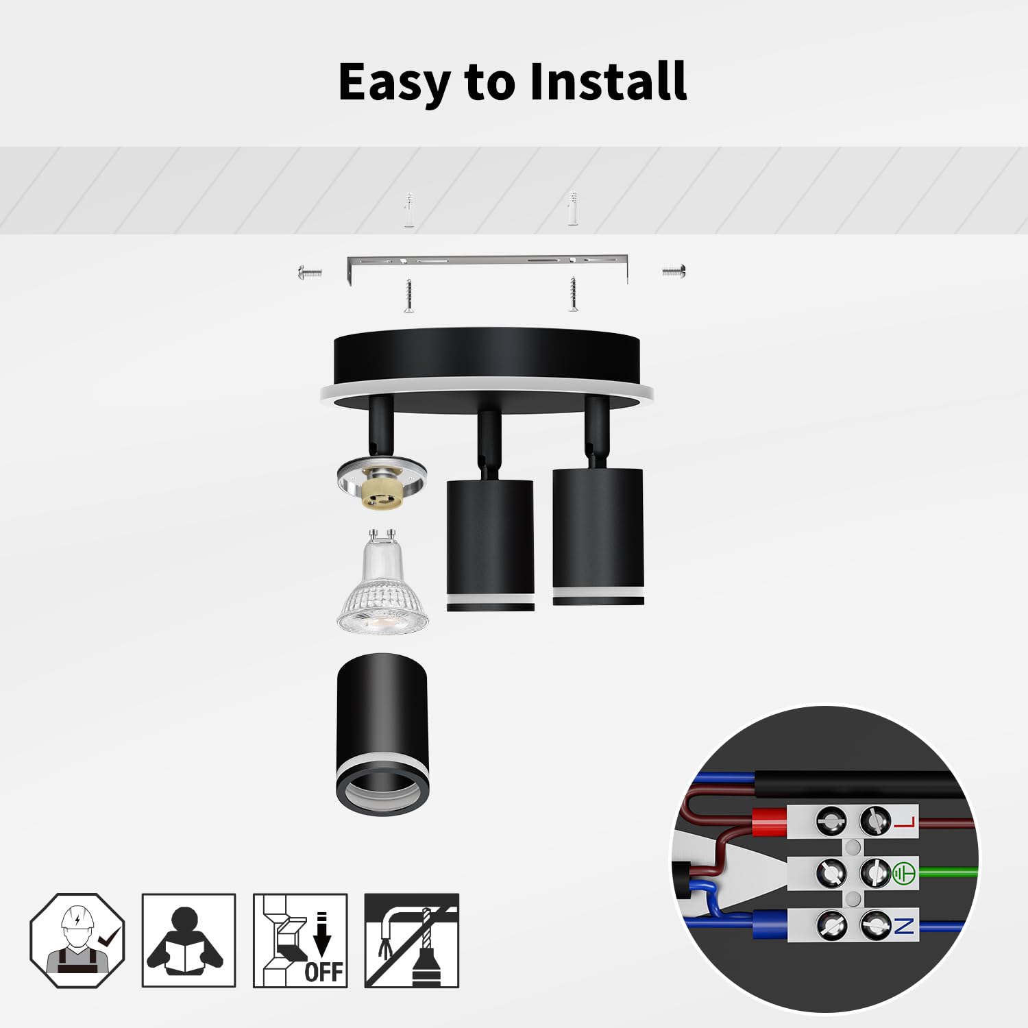 LVWIT Lámpara de Techo LED Giratorios con 3 Focos LED GU10 -Orbicular de Metal Negro, Focos de Techo para Lámpara de Techo para Dormitorios, Salones y Cocinas(Sin Bombillas).