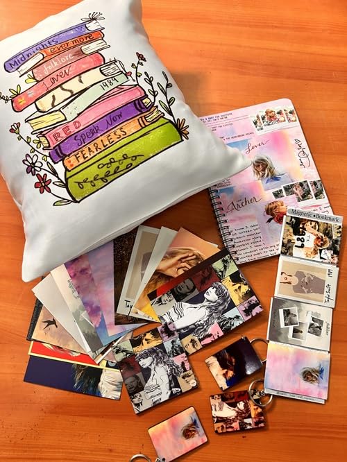 CRAFT MANIACS Taylor Swift Books AS Songs 16 * 16 Pillow Combo Set : Pillow, ONE Spiral Diary, Magnetic Bookmark Set, ONE Wooden Puzzle & 3 Keychains | UBER Cool Merch for SWIFTIES