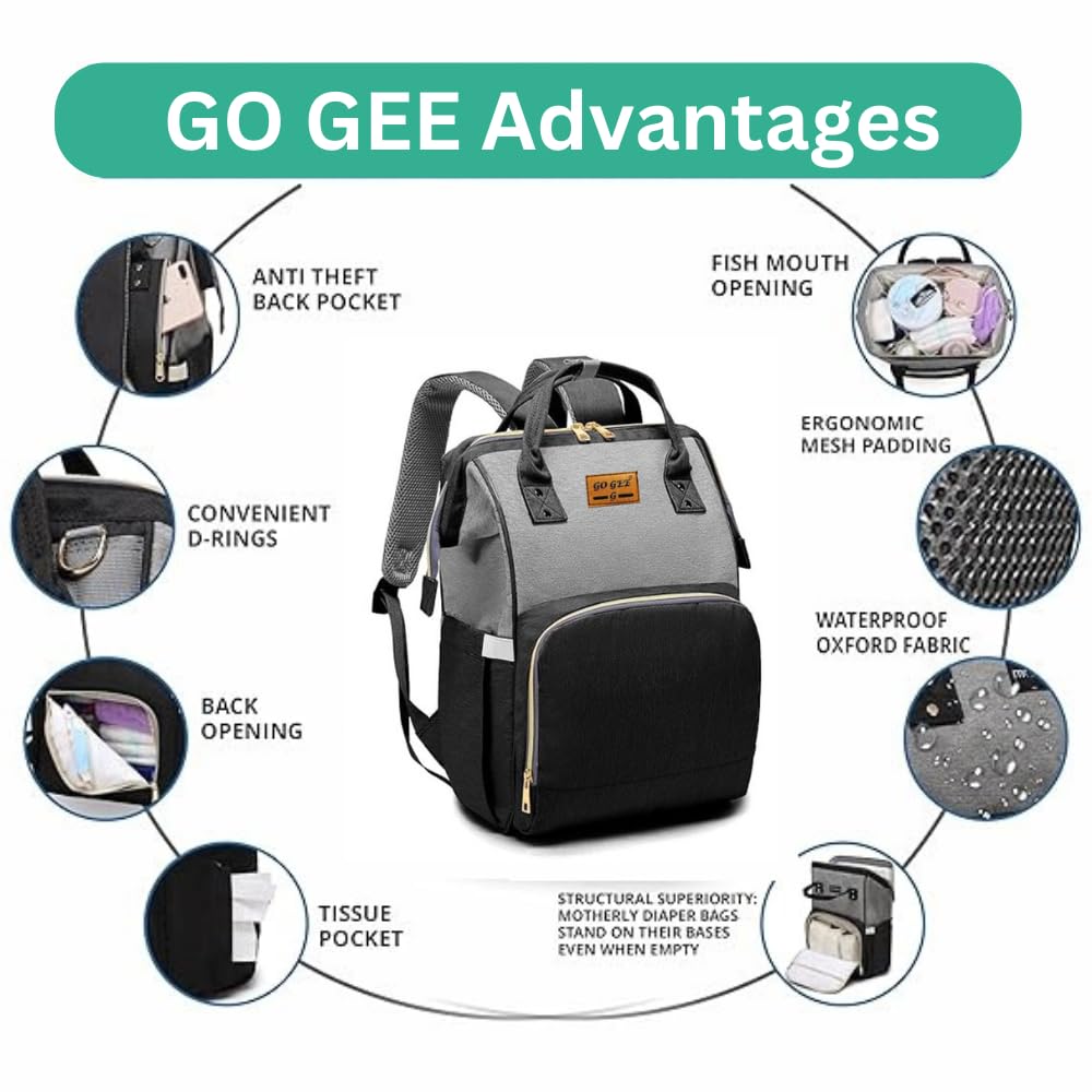 GO GEE Durable Diaper Bag for Mother Diaper Nappy Changing Bag Travel Shoulder Bag Nursing-Maternity Standard Backpack (Black Grey) 1