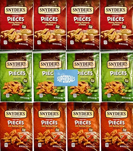Image of Snyder's of Hanover Pretzel Pieces, Variety 12 Pack bundled by SUPERDEALS 4 Honey Mustard and Onion, 4 Jalapeno, 4 Hot Buffalo Wing Pretzels, 2.25 Oz each bag, total 27 Ounces with mystery gift in every order
