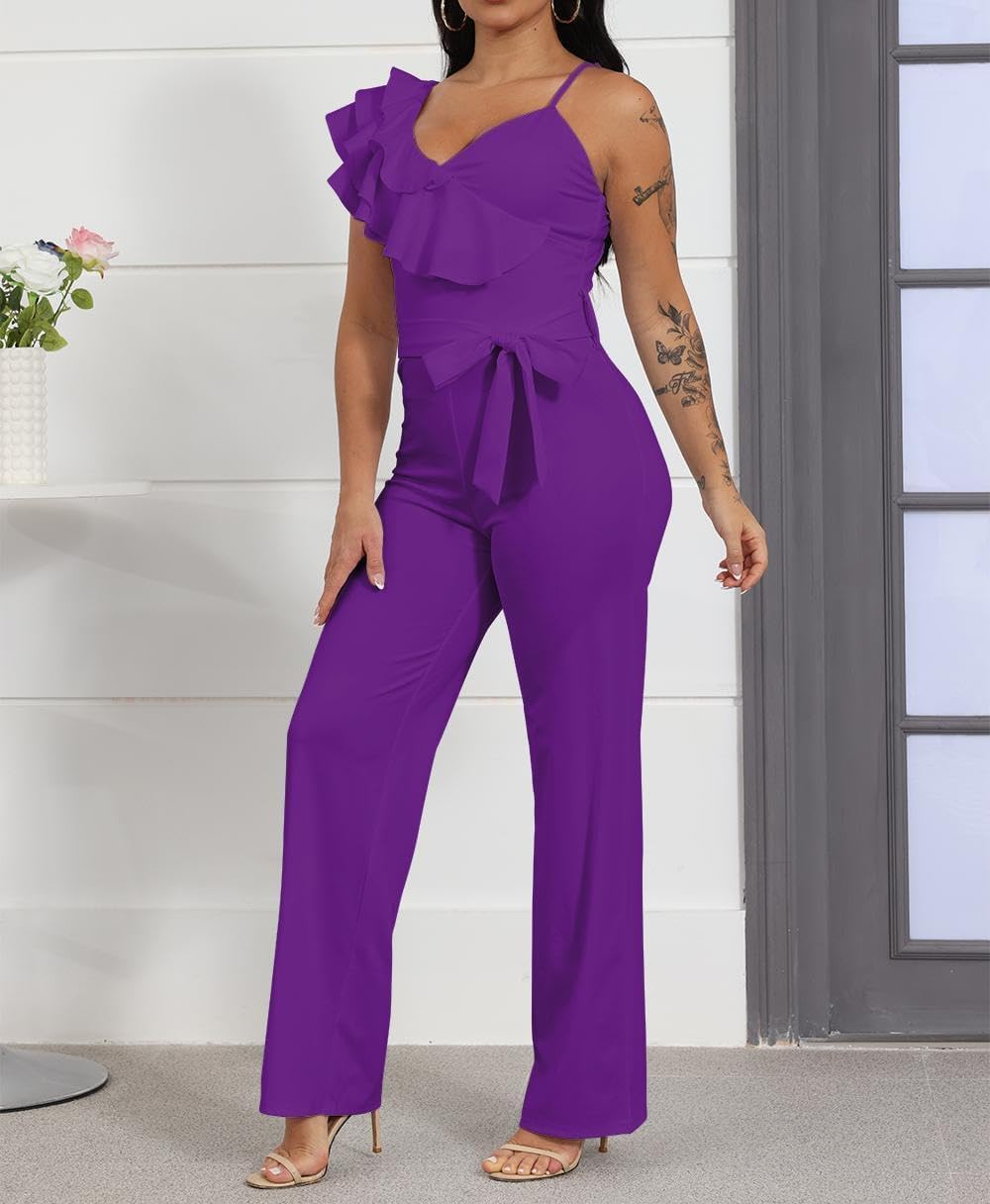 HBQ Womens Casual One Piece Jumpsuits V-Neck Sleeveless Ruffle Backless Belted Elegant Romper Wide Leg Pant Sexy Party Clubwear Overalls-Purple-L - Image 2