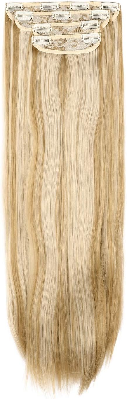 REECHO 24" Straight Long 4 PCS Set Thick Clip in on Hair Extensions Medium Blonde with Light Blonde Highlights